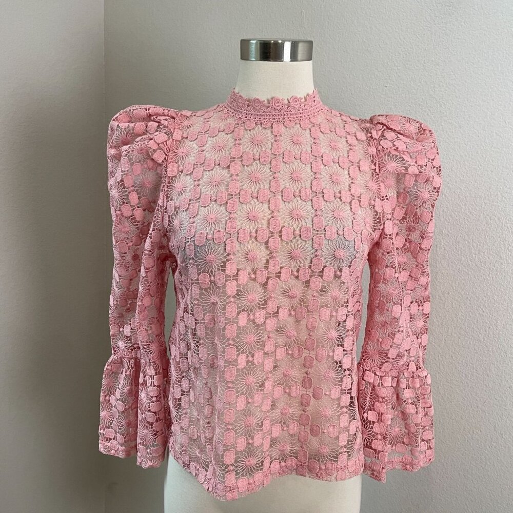 Mele E Pere Womens Medium Pink‎ Lace Sheer Top With Puff Sleeves Shirt